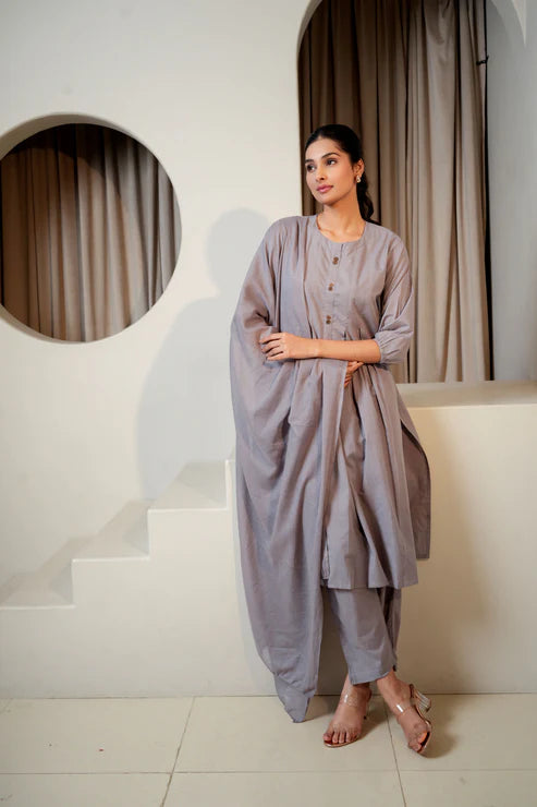 Moon Mist – Plain Grey Cotton Suit Set (3-Piece)