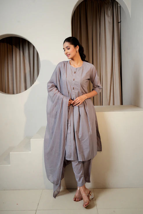 Moon Mist – Plain Grey Cotton Suit Set (3-Piece)