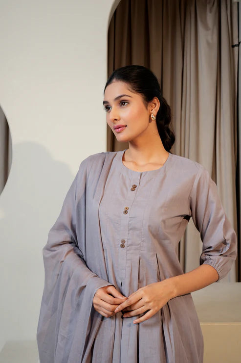 Moon Mist – Plain Grey Cotton Suit Set (3-Piece)