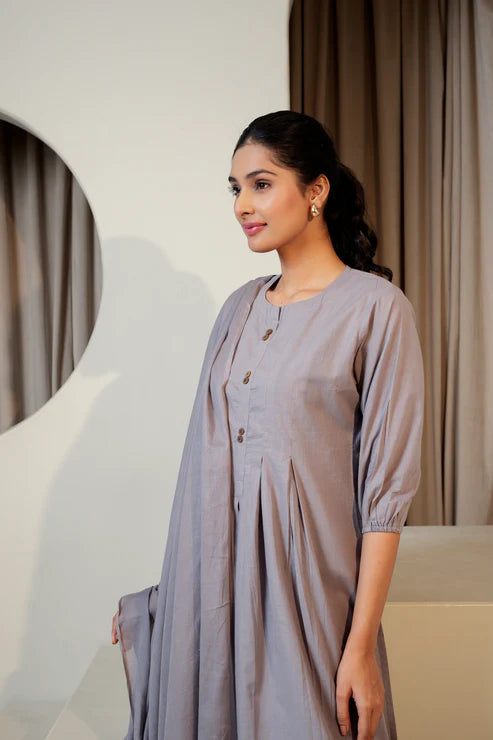 Moon Mist – Plain Grey Cotton Suit Set (3-Piece)