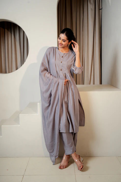 Moon Mist – Plain Grey Cotton Suit Set (3-Piece)