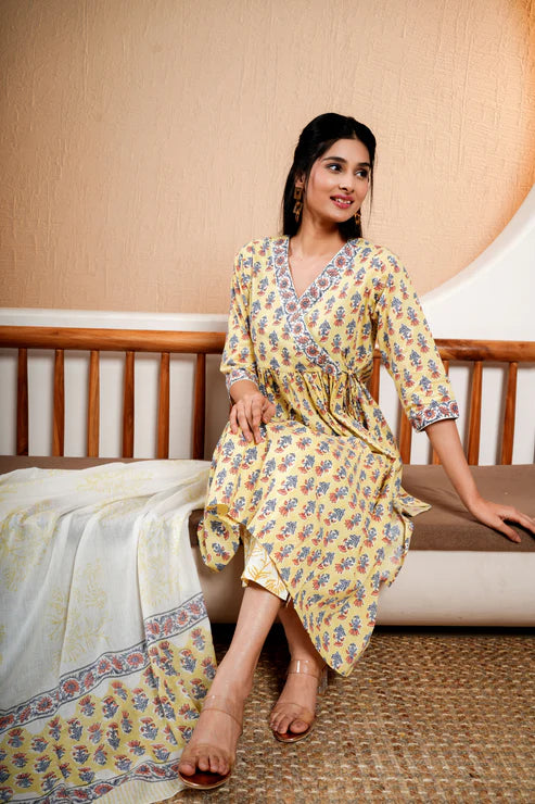 Sunlit Grace – Printed Suit Set with Yellow Accents