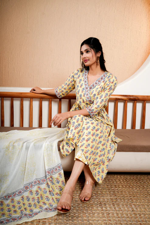 Sunlit Grace – Printed Suit Set with Yellow Accents