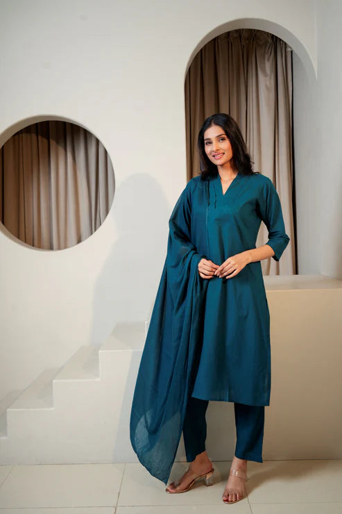 Deep Ocean – Dark Sea Green Cotton Suit Set (3-Piece)