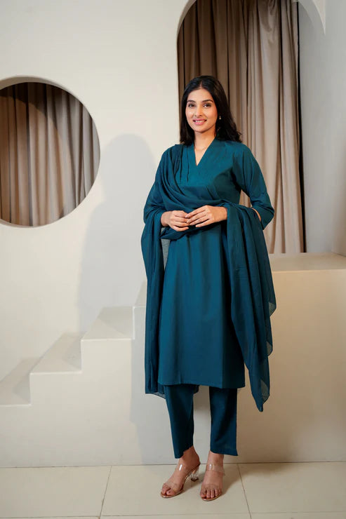 Deep Ocean – Dark Sea Green Cotton Suit Set (3-Piece)