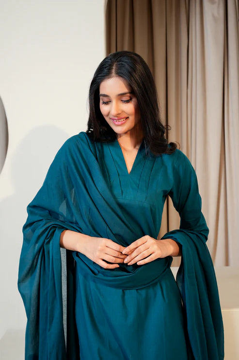 Deep Ocean – Dark Sea Green Cotton Suit Set (3-Piece)