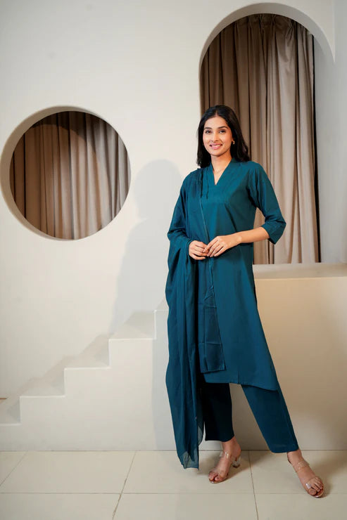 Deep Ocean – Dark Sea Green Cotton Suit Set (3-Piece)