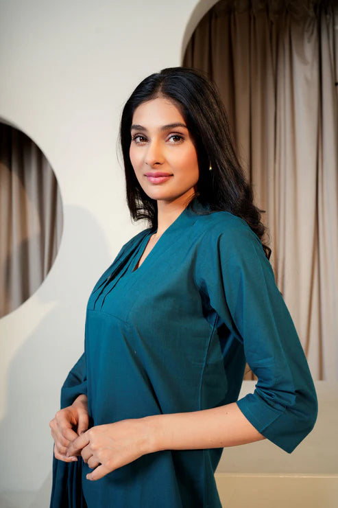 Deep Ocean – Dark Sea Green Cotton Suit Set (3-Piece)
