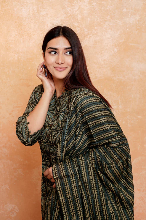 Olive Aura – Printed 3-Piece Cotton Suit Set