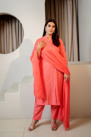 Tangerine Glow – Plain Carrot Color 3-Piece Cotton Suit Set