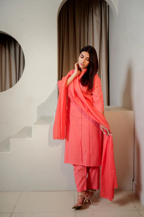 Tangerine Glow – Plain Carrot Color 3-Piece Cotton Suit Set
