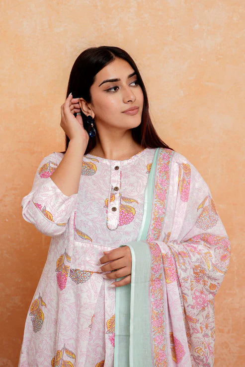 Blush Bloom – White Frock-Style Floral Suit Set