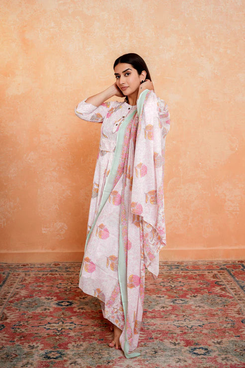 Blush Bloom – White Frock-Style Floral Suit Set