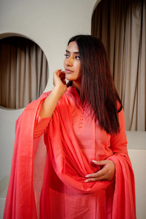 Tangerine Glow – Plain Carrot Color 3-Piece Cotton Suit Set