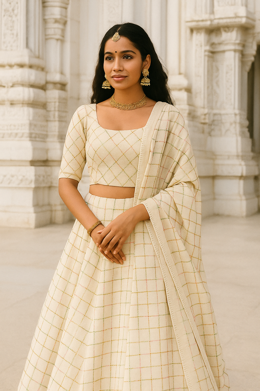 Tana-Bana Pastel Threadwork Khadi Lehenga Set