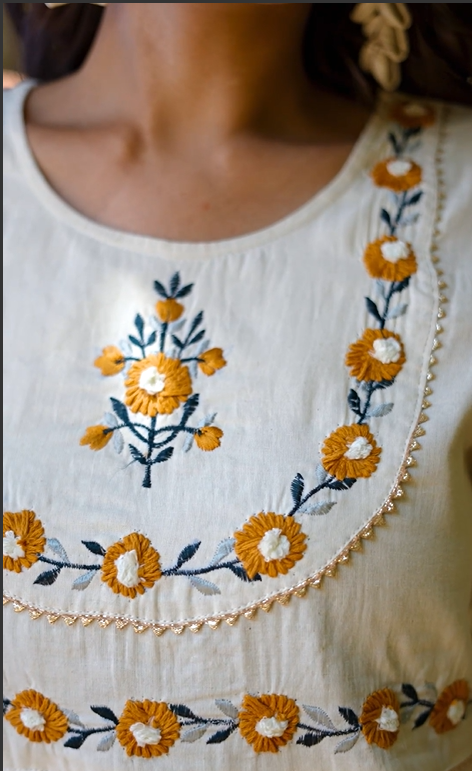 Phool Vatika – Handcrafted Flared Kurti with Kesari Flowers