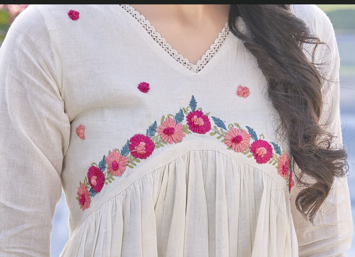 🌸 Aabroo – Khadi Flared Top with Floral Hand Embroidery