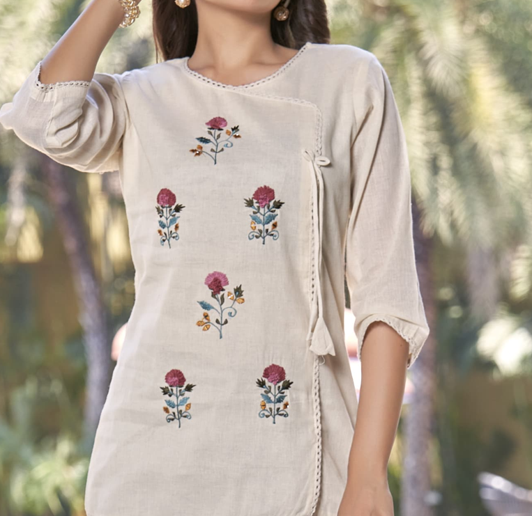 🌸 Prisha – Embroidered Khadi Top with Side Tie Detail 🌿