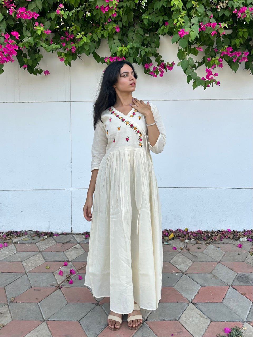Gulnaar – Ivory Flared Kurti with Floral Embroidery