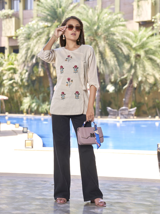 🌸 Prisha – Embroidered Khadi Top with Side Tie Detail 🌿