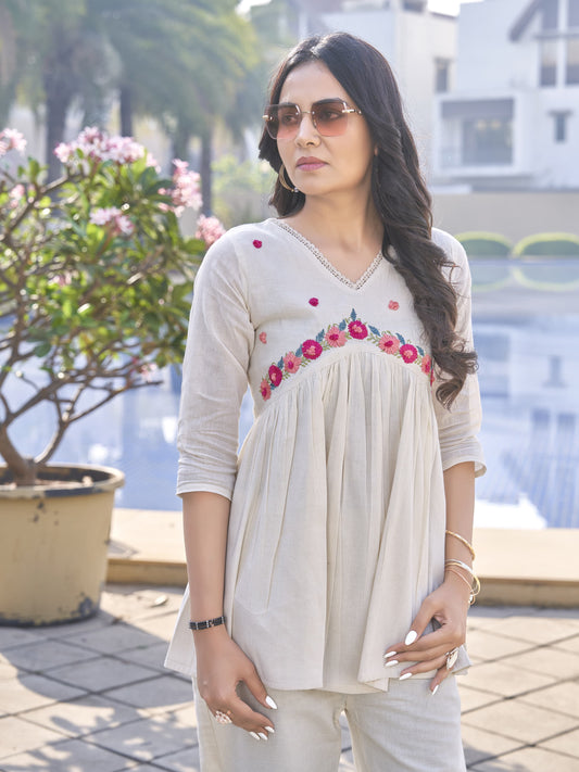🌸 Aabroo – Khadi Flared Top with Floral Hand Embroidery
