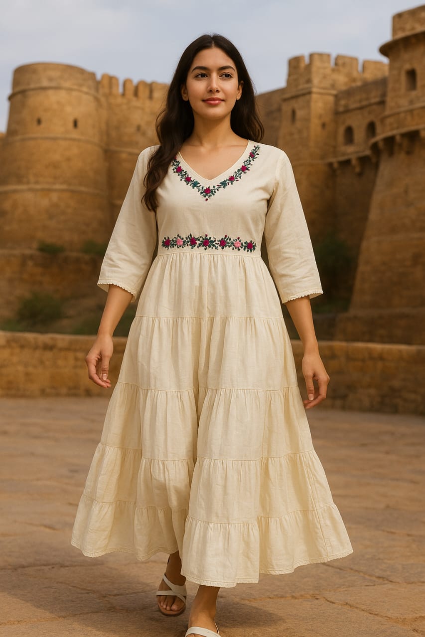 Taruja – Flared Khadi Kurti with Hand-Embroidered Yoke