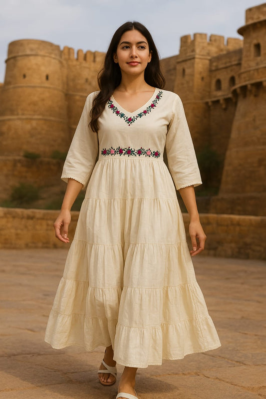 Taruja – Flared Khadi Kurti with Hand-Embroidered Yoke