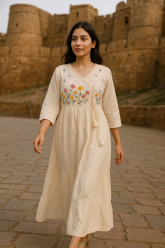 Rajnandini – Ivory Khadi Frock Kurti with Traditional Phool Work