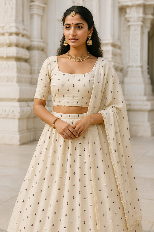 Cream Garden Khadi Lehenga Set